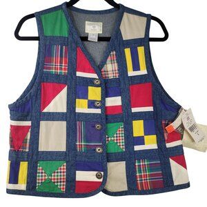90s Susan Bristol Womens Patchwork Vest Small Button Front Denim Quilted Casual